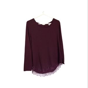 Lauren Conrad Burgundy Long Sleeve Top Tie Back Lace Bottom Sz L